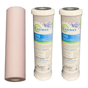 Sentry pre-filter packs, one sediment spun filter and two Matrikx CTO carbon block filters high volume