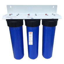 Load image into Gallery viewer, BB Big blue triple whole house water filter with white bracket and watermark