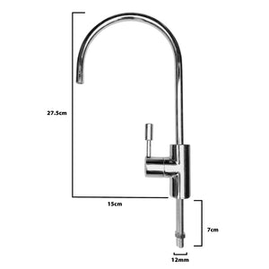 Large Deluxe drinking water filter tap with height of 27.5cm, reach of 15cm, shank length of 7cm and hole size of 12mm