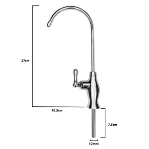 Bat Handle drinking water filter tap showing height of 27cm, reach of 10.5cm, shank length of 7.5cm and hole size of 12mm