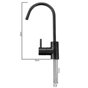 Matte black drinking water filter tap showing height of 20cm, reach of 10cm, shank length of 7.5cm and hole size of 12mm