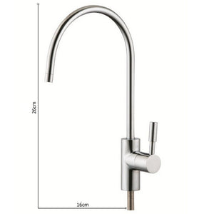 Faucent modern stainless style water filter RO system tap dimensions. 26cm height, 16cm width