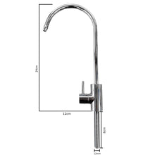 Load image into Gallery viewer, Modern faucet water filter tap showing height of 24cm, reach of 12cm, shank length of 8cm and hole size of 12mm
