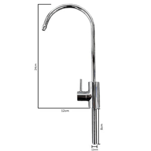 Modern faucet water filter tap showing height of 24cm, reach of 12cm, shank length of 8cm and hole size of 12mm