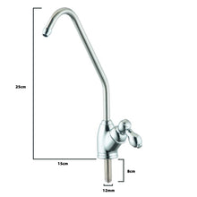 Load image into Gallery viewer, Classic drinking water filter tap showing height of 25cm, reach of 15cm, shank length of 8cm and hole size of 12mm