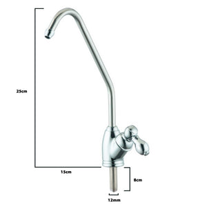 Classic drinking water filter tap showing height of 25cm, reach of 15cm, shank length of 8cm and hole size of 12mm