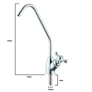 3-Fin drinking water filter tap showing height of 23cm, reach of 14cm, shank length of 8cm and hole size of 12mm