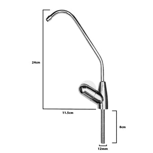 Single Fin drinking water filter tap showing height of 24cm, reach of 11.5cm, shank length of 8cm and hole size of 12mm