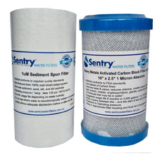 Load image into Gallery viewer, 1x 5&quot;x4.5&quot; 1uM sediment spin filter + 1x 1uM heavy metals activated carbon block filter