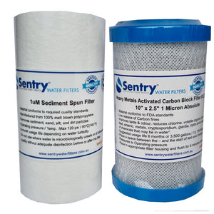 1x 5"x4.5" 1uM sediment spin filter + 1x 1uM heavy metals activated carbon block filter