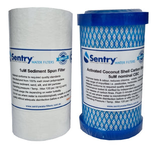 1x 5"x4.5" 1uM sediment spun filter + 1x 5"x4.5" 5uM activated coconut shell carbon block filter