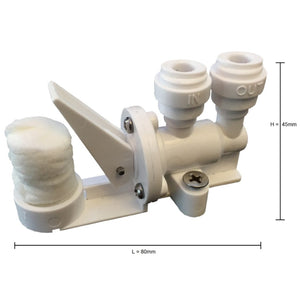 Leak stop reverse osmosis RO water filter safety device closed dimensions. 80mm lenght, 45mm height