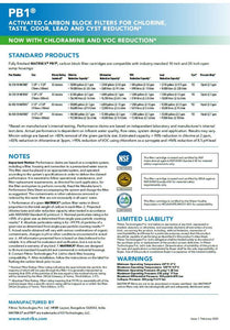 Matrikx PB1 metals and chloramines carbon block filters information sheet page 2