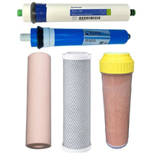 Load image into Gallery viewer, Sentry Water Filters Reverse Osmosis RO PRO DJ-5 standard volume pre-filters with one 50gpd membrane and one 100TLC Pentek Pentair membrane with one resin cartridge