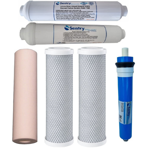 Sentry reverse osmosis RO filter pack negative potential alkaline and antibacterial silver infused carbon block filters.