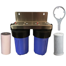 Load image into Gallery viewer, Twin Big Blue Dual 10x4.5 With Spun Sediment and Carbon Filters Stainless Bracket Sentry