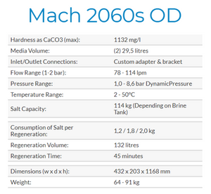 Critical MACH 2060s OD Water Softener system details. Includes pressure and temperature ranges, dimensions, etc.