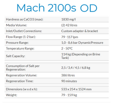 Load image into Gallery viewer, Critical MACH 2100s OD Water Softener system details. Includes pressure and temperature ranges, dimensions, etc.