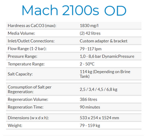 Critical MACH 2100s OD Water Softener system details. Includes pressure and temperature ranges, dimensions, etc.